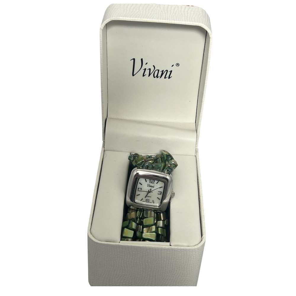Vivani‎ Women's Quartz Wristwatch Green Shell Beaded Band Silver Tone Case